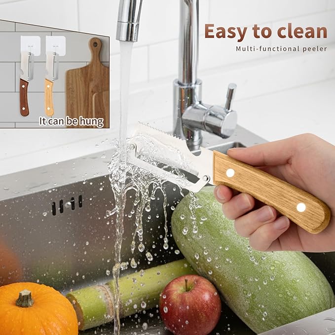 2Pcs Multi-Functional Vegetable Peeler for Kitchen, Premium Vegetable Peeler with Bottle Opener and Wooden Handle,Stainless Steel Blade,Kitchen Peeling Tool for Fruits Potatoes Apples Carrots Zucchini