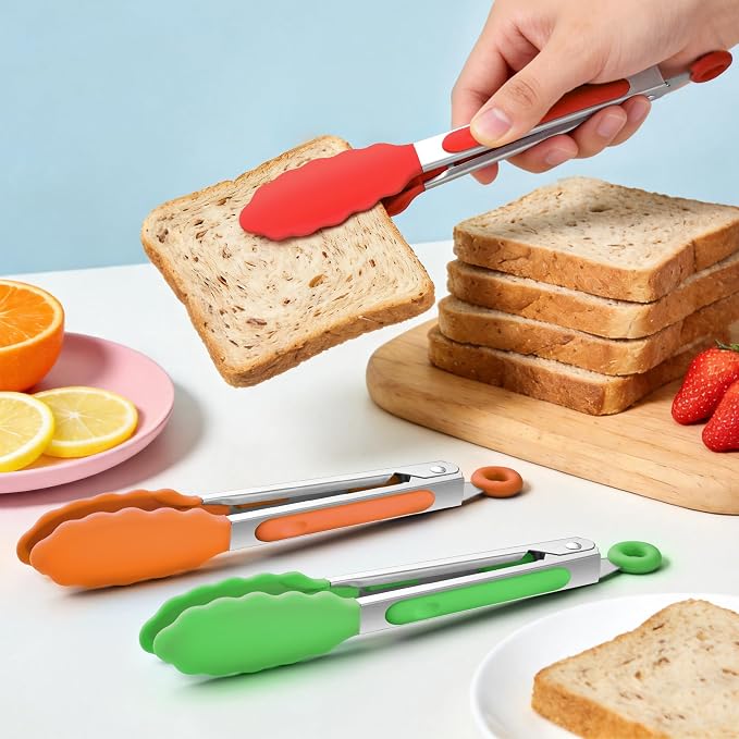 7-Inch Silicone Tongs Pack of 6, Small Stainless Steel Tongs with Silicone Tips for Cooking, Serving, BBQ, Grilling, Salad, Buffet, Party (7", 6PCS, Colorful)