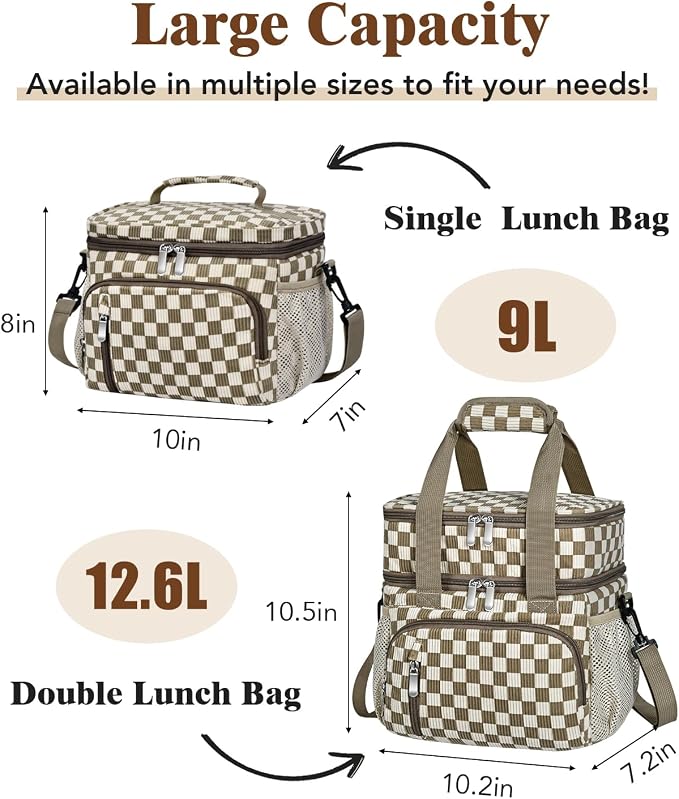 Insulated Lunch Bag for Men & Women, 9L Leakproof Lunch Box Soft Cooler Tote with 5 Pockets, 600D Oxford, EVA Lining, Adjustable Strap for Work, Picnic, Beach&Travel-Corduroy Khaki Checkered