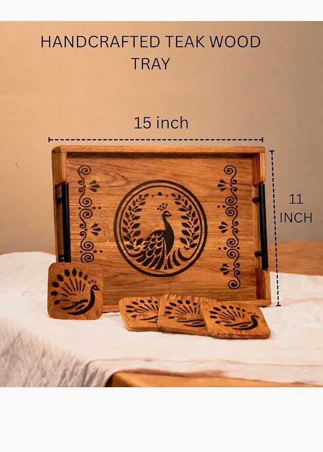 Teak Wood Serving Tray I Rectangular Wooden Tray for Tea, Coffee & Snacks I Wooden Tray Set for Serving I Set of 4 Coasters I 15x11x2 inch (Mayur Tray)