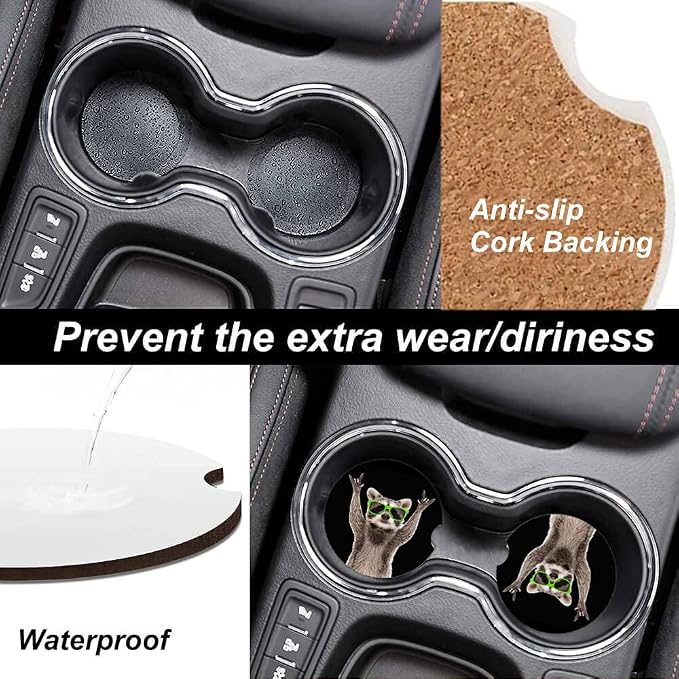 Funny Raccoon Absorbent Cup Holders Car Coasters,Ceramic Stone Drinks Coaster Set for Women Man 2.56"(2 Pack)