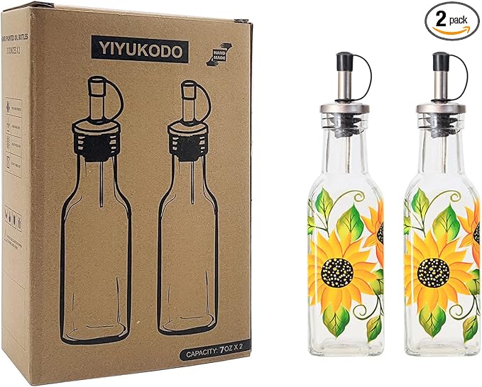 7oz Hand Painted Glass Olive Oil Bottle Dispenser - 200ml Green Oil & Vinegar Cruet with Pourers - Olive Oil Carafe Decanter for Kitchen (Sunflower)
