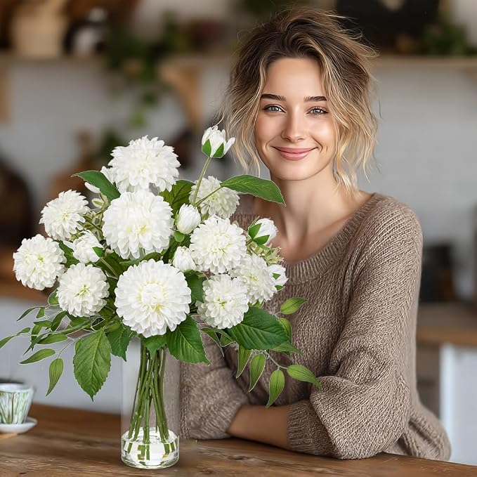 Hollyone White Fake Flowers in Vase Dahlia Artificial Flowers in Glass Vase with Faux Water Dahlia Silk Flower Arrangements for Bathroom Office Table Centerpiece Shelf Decorations Home Decor