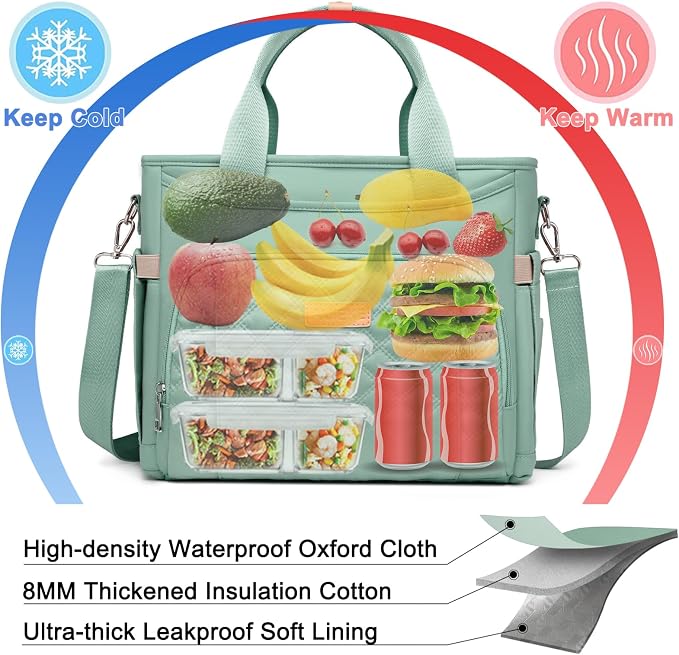 AIJIEKE Large Insulated Lunch Bag for Women Men, Work Lunch Box Tote, Green | Leakproof, durable multi-compartment cooler. Reusable with shoulder strap. Perfect for travel meal prep, picnic, beach