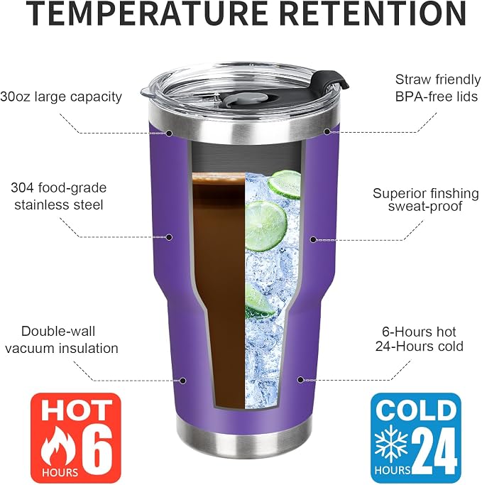 30 oz Tumbler with Lids and Straws Double Wall Vacuum Insulated Tumbler Cup,Stainless Steel Leak-proof Thermal Tumbler Powder Coated Travel Coffee Mug for Cold and Hot Drinks,Dark Purple