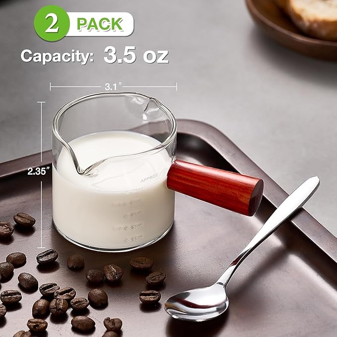 2 Pack Espresso Measuring Cups Glass, Small Measuring Double Shot Glass with Wood Handle, Clear Accessories, Coffee Measuring Cup, with V-Shaped Mouth, Milk Pitcher