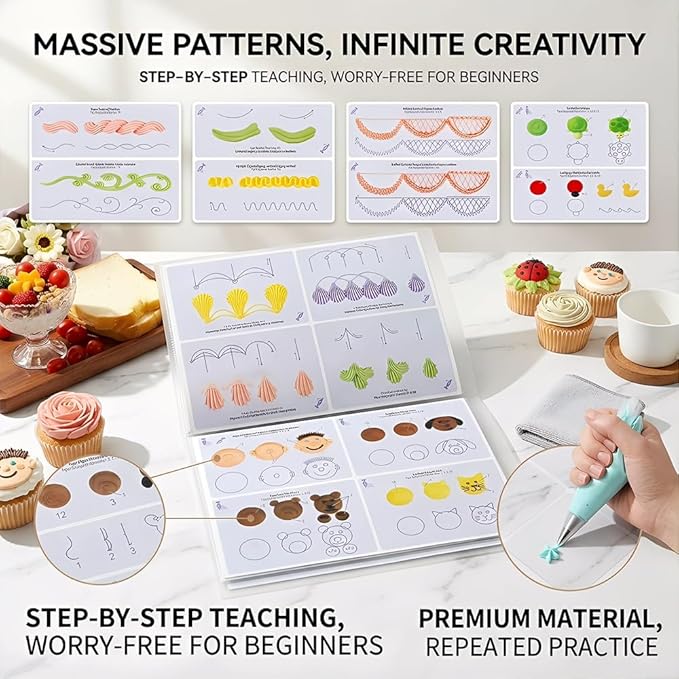 Cake Practice Decorating Board Set with Protector Reusable Wipeable, MDTARVF 23 Sheets Icing Piping Nozzles Practice Drawings Cake Decorating Kit Supplies