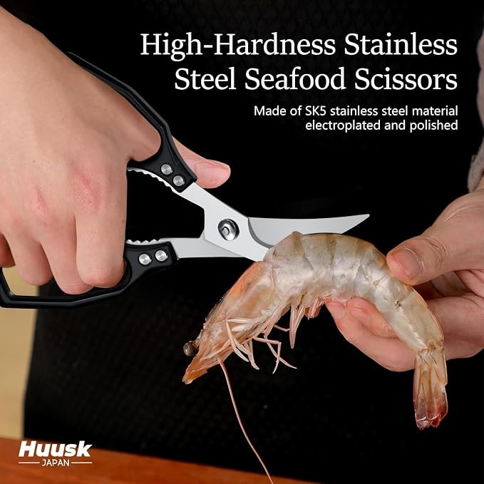 Huusk Black Multi-Purpose Seafood Scissors - Easy to Take Apart for Thorough Cleaning -Sharp Kitchen Shears with Oversized Handles for Less Strain - for Crab, Shrimp,Christmas Gift for Men and Women