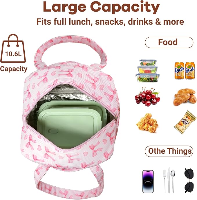Yarnic Lunch Bag Women Insulated, Large Corduroy Lunch Box for Work with Bottle Pockets, Stylish Reusable Cooler Tote for Adults Teachers Picnic Travel (Pink Bow)