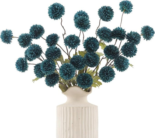 DuHouse 6pcs Artificial Flowers Faux Silk Pompon Mum,Silk Small Mini Chrysanthemum Ball with Stems for DIY Bouquets Centerpieces Vase Home Table Kitchen Decorations(Peacock Blue)