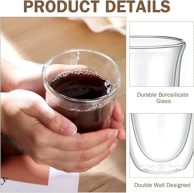 8 Pack 10 oz Double Walled Coffee Mugs Glass Espresso Cups without Handle Clear Thermo Insulated Demitasse Cups for Cappuccino Tea Latte Beverages