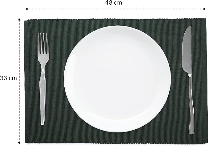 Encasa XO Dining Placemat Set of 6 | Dark Green Color | Fine Ribbed Cotton Table mat | Size 19x13 in | Machine Washable