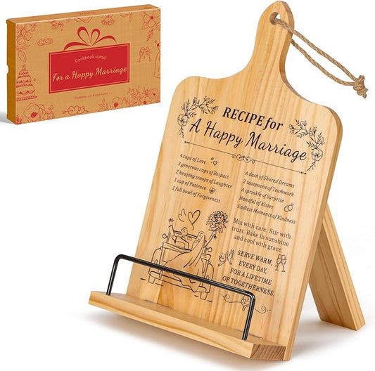 PUERSI Cookbook Stand, Wedding Gift for Newlyweds, Wooden Recipe Book Holder, Best Wedding Anniversary Gifts Ideas for Couples, Adjustable Cook Book Stand for Kitchen Counter