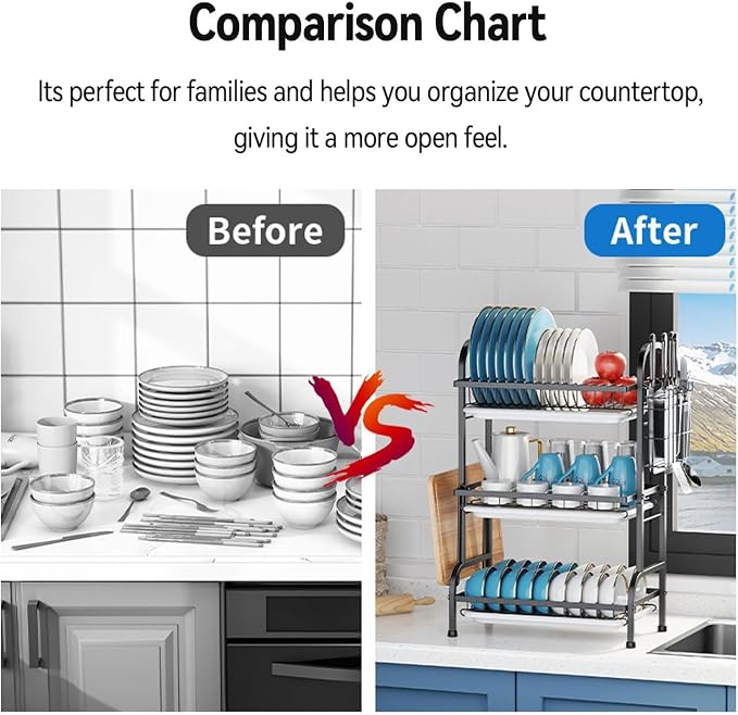 Large Dish Drying Rack Multifunctional 3 Tier Dish Rack with Drain Tray, Dish Drainer for Kitchen Counter with Drainboard/Utensil/Cup Holder Rust Proof Carbon Steel