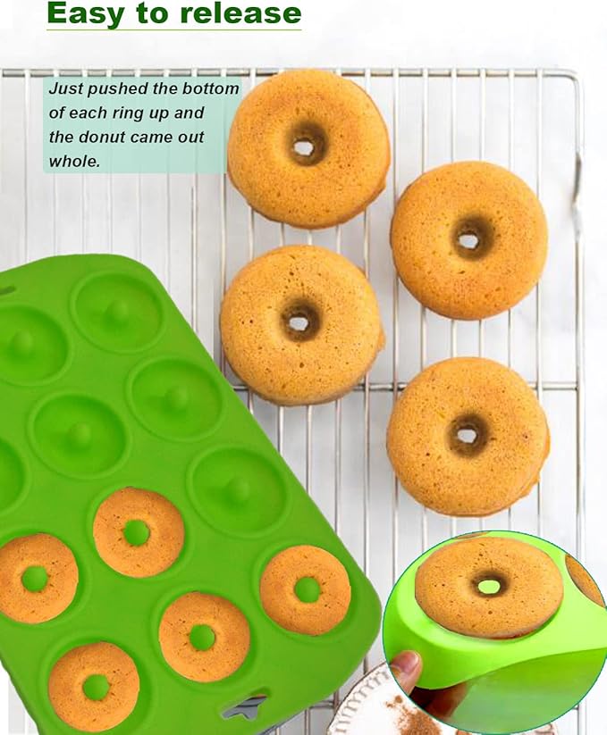 Mini Donut Pan for Baking, 2 Pack Donut Mold Silicone Doughnut Pan for Making Donut, Bagels, Cake, BPA Free, Green