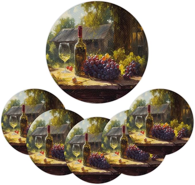 Round Placemats Set of 4, Sunny Red Wine Grapes Painting Woven Placemats Mats Non-Slip Heat Resistant Washable Table Mats Round Braided Place for Farmhouse Kitchen Dining Party Decor 15in