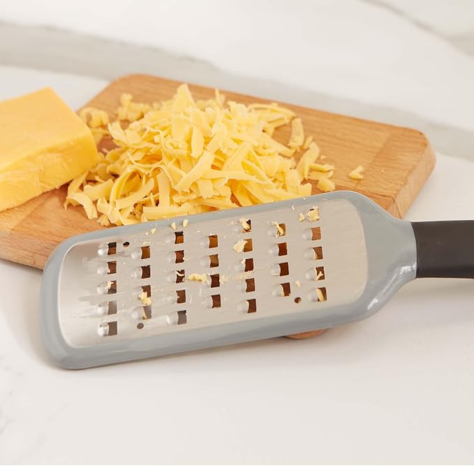 RSVP International Paddle Grater, Etched Steel Blades, Stainless Steel Hand Held Kitchen Cheese & Vegetable Shredder Comfort Grip Handle and Anti-Slip Foot, Safety Cover Included, Extra-Coarse