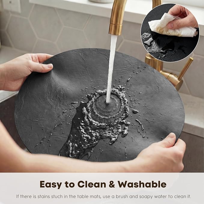 Artoid Mode Black Faux Leather Placemats Set of 6, 15 Inch Waterproof Wipeable Heat Resistant Vinyl Place Mats, Reversible Table Mats for Kitchen Dining Decor