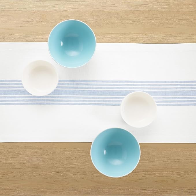 Solino Home Linen Striped Table Runner 132 Inches Long - Farmhouse 100% Pure Linen Dusty Blue and White Dining Table Runner 14 x 132 Inch for Summer