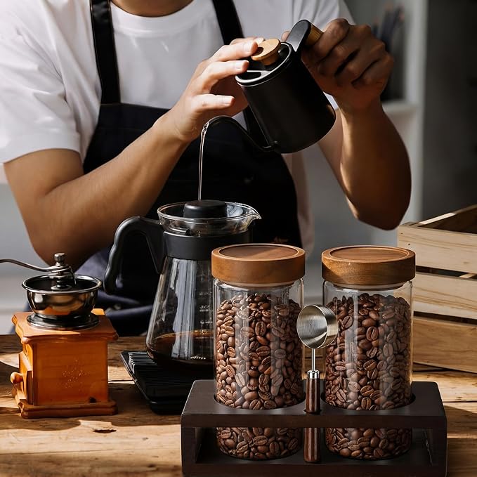 Suclain Glass Coffee Grounds Container with Shelf 2 x 44 oz Glass Coffee Bean Storage Canisters with Airtight Thread Lid and Measuring Spoon Food Storage Jars for Kitchen Sugar(Plain Style)