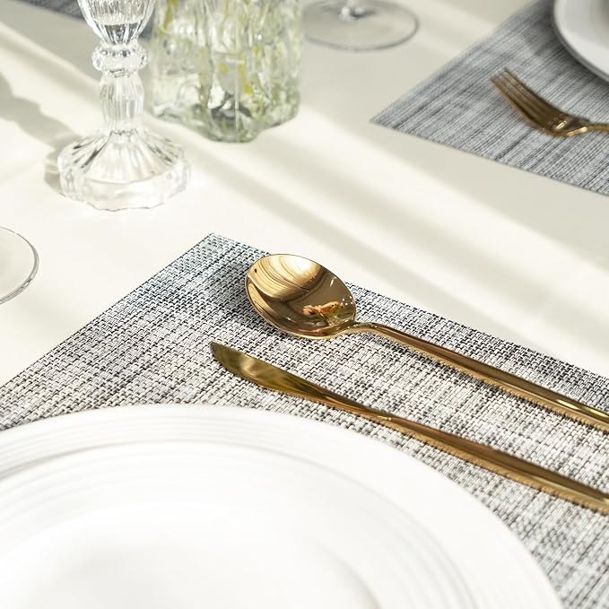 Placemats Set of 8 Vinyl/Plastic Woven Place Mats for Kitchen Table Indoor/Outdoor Washable Placemat Wipeable Dining Table Mats (Grey,8)