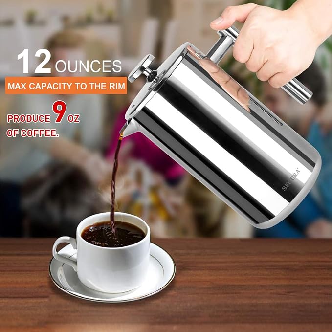 Secura French Press Coffee Maker, 304 Grade Stainless Steel Insulated Coffee Press with 2 Extra Screens, 12oz (0.35 Litre), Silver (Pack of 4)
