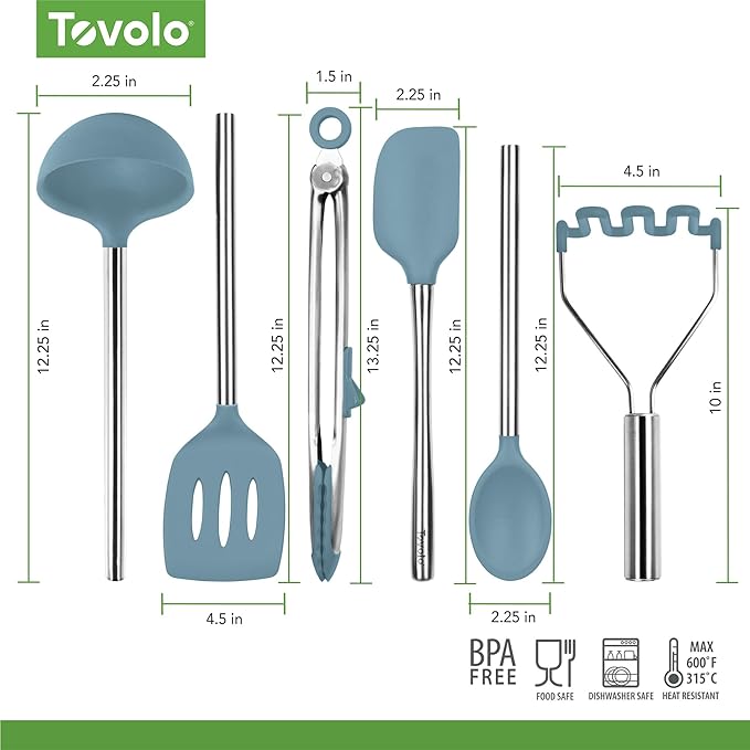Tovolo Silicone Cooking Utensil Set of 6 Blue Slate Ladle Slotted Turner Tongs Flex Core Spatula Scraper Mixing Spoon and Potato Masher, Dishwasher Safe BPA Free Silicone Kitchen Utensils