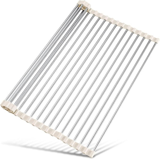 Tomorotec 17.7" x 15.5" Roll Up Dish Drying Rack Over Sink Drying Rack Sink Cover Kitchen Sink Accessories Gadget Multipurpose Organizer Foldable Stainless Steel Drainer