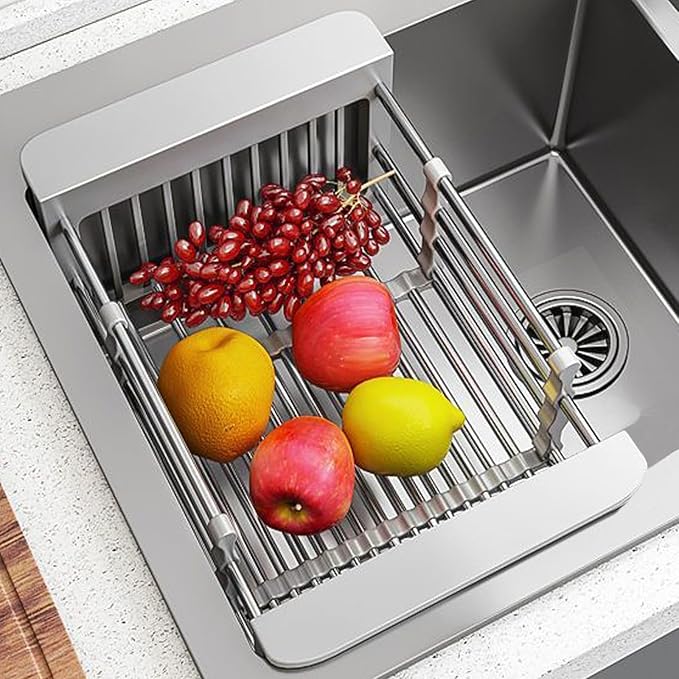 Large Dish Drying Rack - Extendable Dish Rack, Multifunctional Dish Rack for Kitchen Counter, Anti-Rust Dish Drainers with Cutlery and Cup Holders (Grey,L)