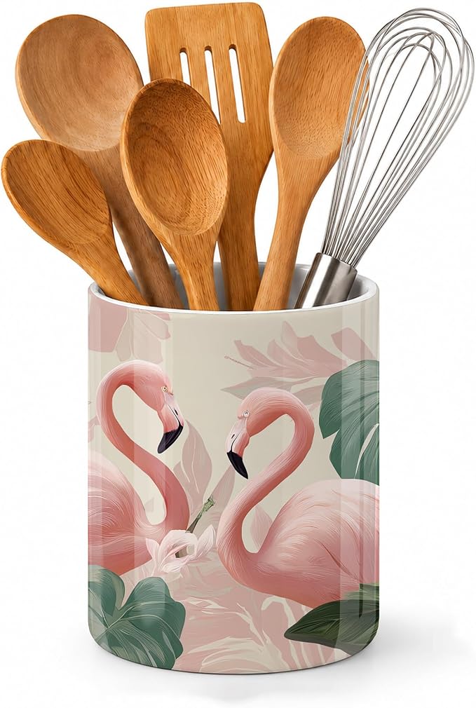 Pink Flamingos Kitchen Utensil Holder,Palm Leaf Hibiscus Large Ceramic Utensil Crock Organizer for Spatulas,Spoons and Cooking Tools,Kitchen,Home Decoration 6.3"