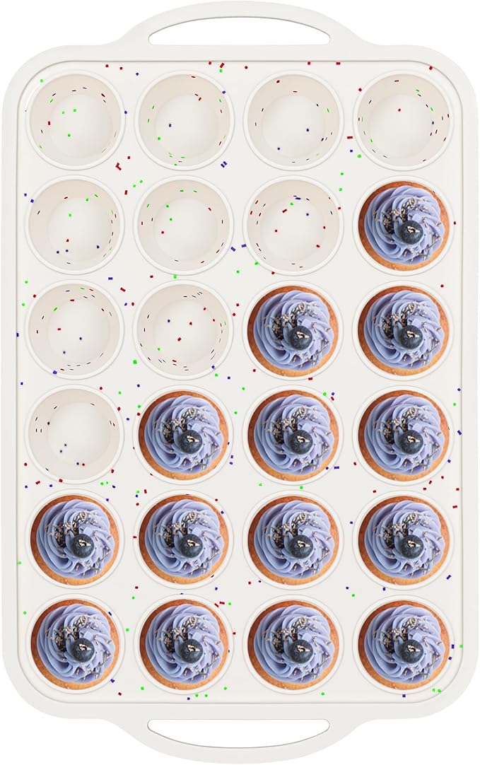 1 Pc Mini Muffin Pan with Metal Reinforced Frame, 24 Cups Nonstick Silicone Cupcake Tray for Baking, Food Grade Small Muffin Molds with Handles (Cream)