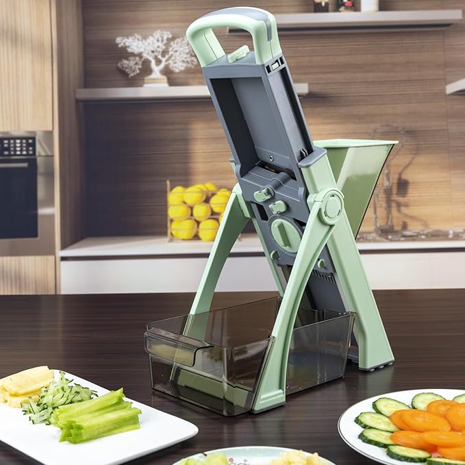 [All in 1] Upgraded Version Safe Mandoline Slicer for Kitchen, Adjustable Thickness. Veggie Slicer, Rapid Prep Mandoline, Detachable Blade, Cleaning Brush (Green)