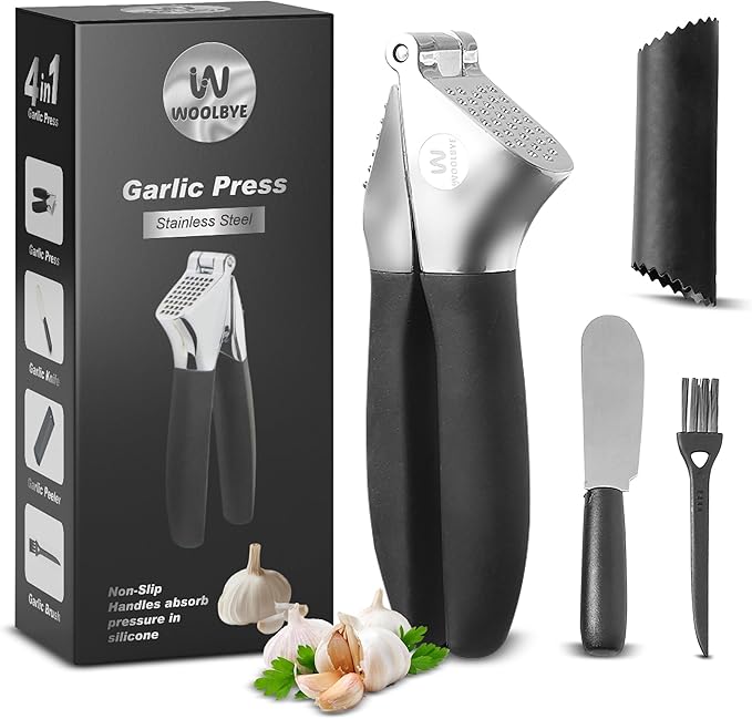 4-in-1 Garlic Press Set - Stainless Steel Garlic Press, Garlic Press, Chopper, Grinder, Grater, Mincer with Peeler, Silicone Tube Roller, Brush and Knife - The Essential Garlic Mincing Kit