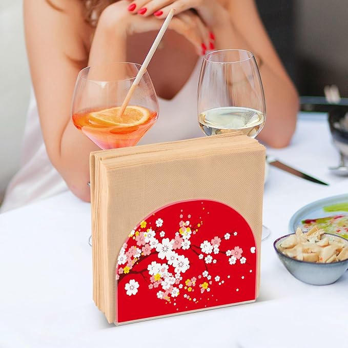 Japaneses Tree Red Cherry Bloom Napkin Holder for Tables Paper Cocktail Napkin Holders for Kitchen and Dinning, Acrylic Dinner Napkin Dispenser for Restaurant Home Decor Bar Accessories 1 Pack