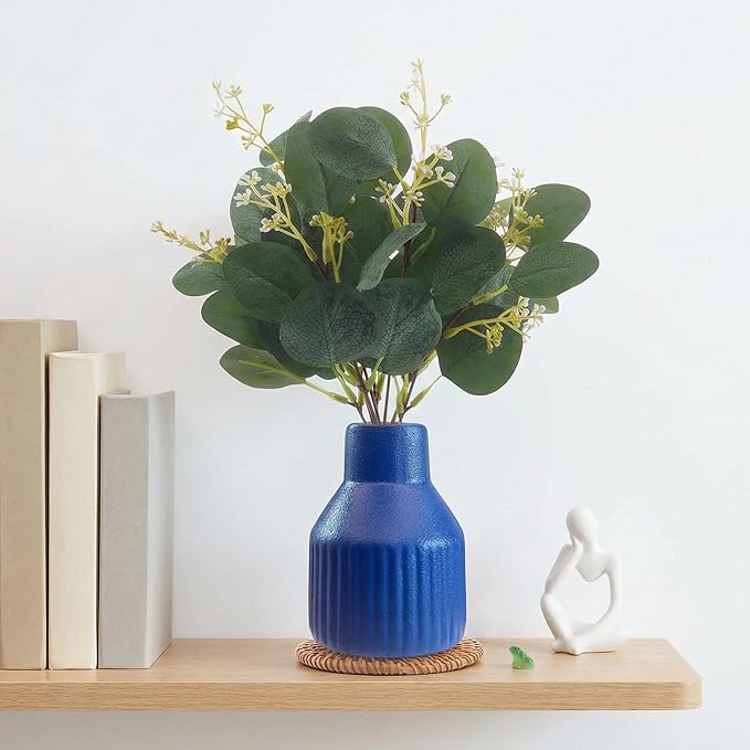 Artificial Eucalyptus Greenery Stems in Ceramic Vase 10Pcs Fake Plants Eucalyptus Leaves for Centerpiece Table Decorations Home Room Decor Office Desk Decor Greenery Decor Indoor (Blue)