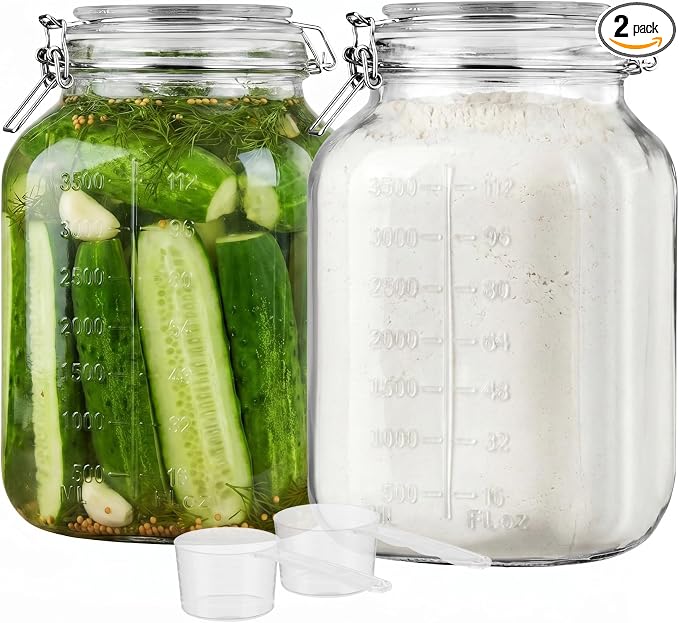 Vtopmart 2 Pack 1.1 Gallon Glass Storage Jars with Airtight Clamp Lids, 140oz Square Canisters with Wide Mouth & Measurement Marks, Large Food Containers for Flour, Sugar, Rice, Pickling & Fermenting