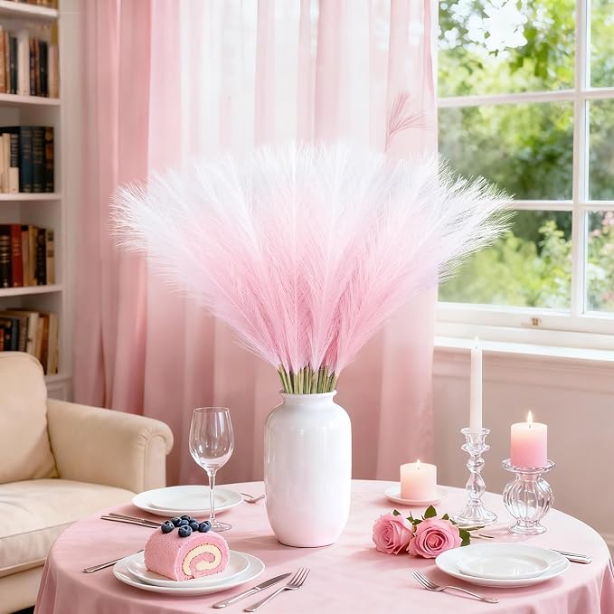 TORONTOKYO Pink Pampas Grass Decor, 50Pcs 21.6 inch, Artificial Short Faux Pompas Grass Small Fluffy Arrangement for Wedding Boho Home Pink Xmas Decor Vase Filler