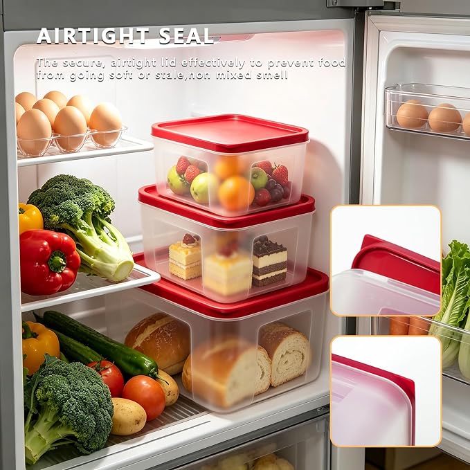 REDANT Plastic Food Storage Containers with Lids Airtight - Large Meal Prep Containers Reusable for Freezer - Bread Box for Cookies, Sandwich, Cake & Muffin, Leak-Proof & Stackable, Square, 3 Pcs
