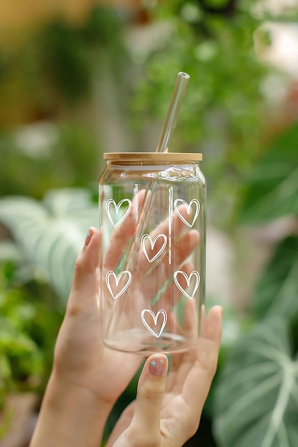 NewEleven Mother Day Gift For Her - Cute Glass Coffee Cups With Lids And Straw – Aesthetic Cups – Iced Coffee Cup, Coffees Tumbler – Gifts For Women, Friends, Coffee Lover - 16 Oz Coffee Glass