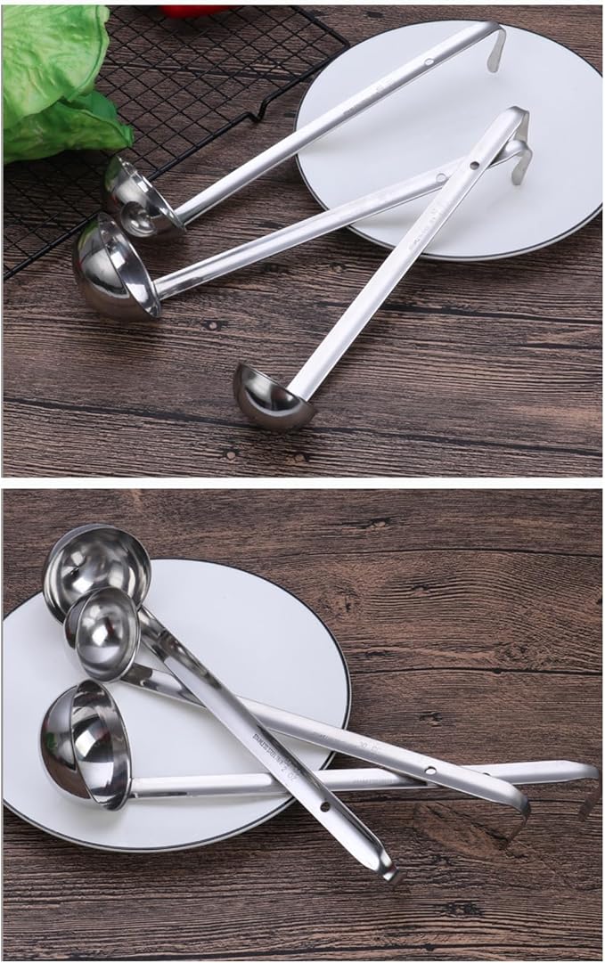 3-Pack Stainless Steel Soup Ladle Set with Hooked Long Handle 2 oz | 2 ounce serving capacity, sauce and gravy use, stew and soup serving, dishwasher safe build, comfortable hooked grip