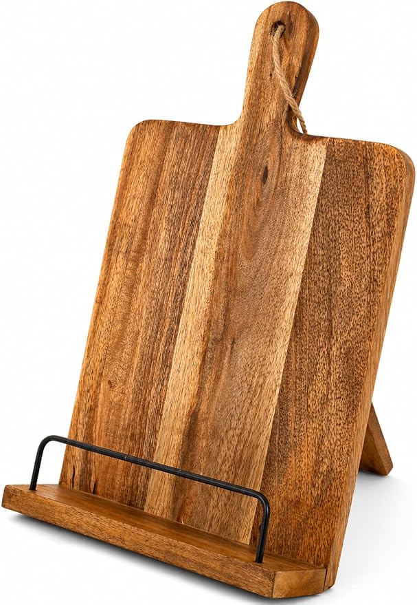 Decorative Wooden Cookbook Display Stand Recipe Book Holder For Kitchen Countertop & iPad Tablet - Handmade Country Rustic Farmhouse Style Decor For Hands Free Reading, Foldable, Brown, Gift For Chefs