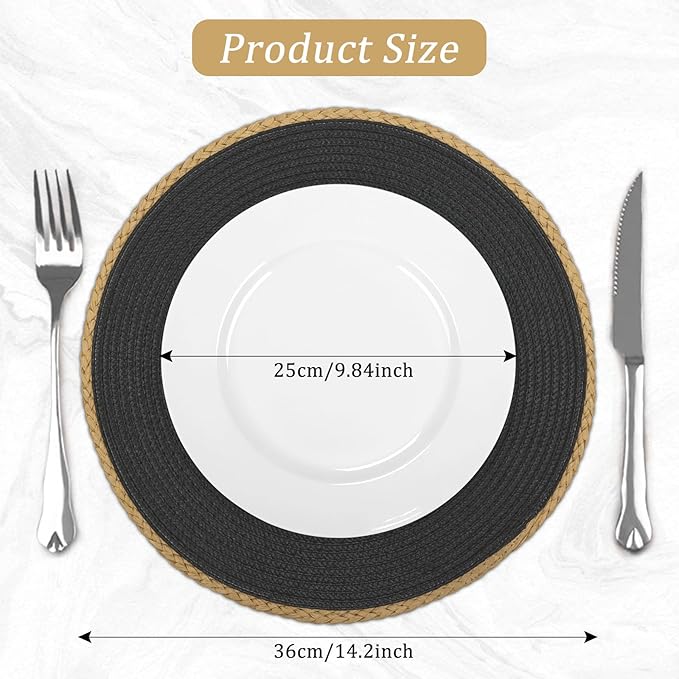 comfoyar Black Round Braided Placemats Set of 6, 14.2x14.2 Inch Non-Slip Place Mats, Washable Heat Resistant Table Mats for Indoor Kitchen Dining Party Table Decoration