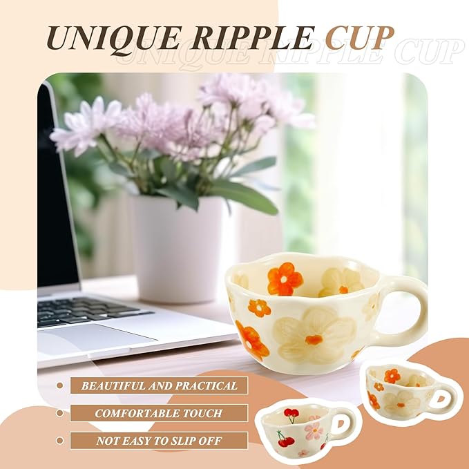 Vesici 2 Pcs Ceramic Coffee Mugs with Spoon, Vintage Floral Spring Mugs with Handle, 8.5 oz Aesthetic Flower Porcelain Tea Cup Set, Dishwasher & Microwave Safe Mothers Day Gifts for Mom(Fresh)