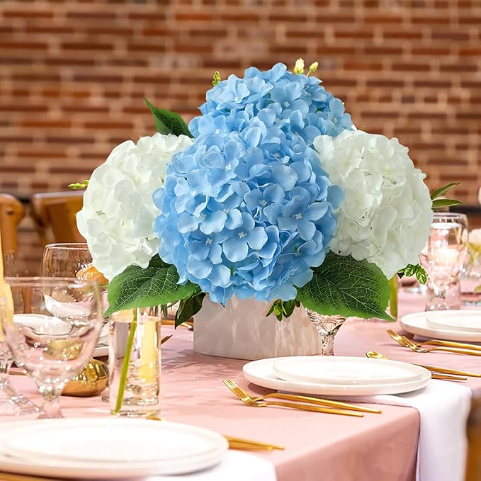JINWOE Blue Flowers Hydrangea Artificial Flowers, 5Pcs 20Inch Large Lifelike Silk Artificial Hydrangeas, Full Fake Flowers for Bouquet Table Centerpieces Wedding Indoor Home