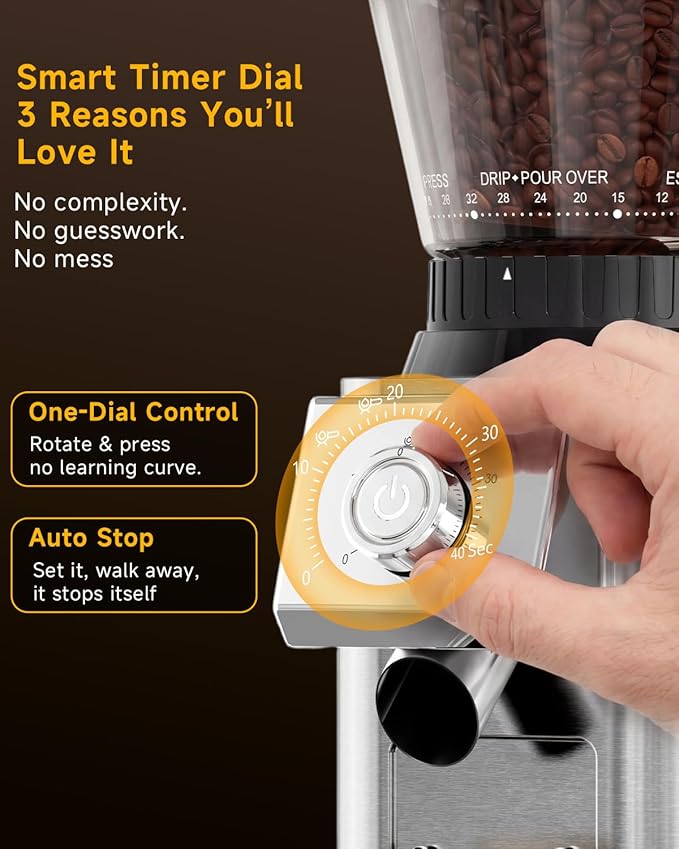 IAGREEA Conical Burr Coffee Grinder, 48 Grind Settings, 450RPM Low-Speed Anti-Static, Precision Timer, Portafilter Holder for Espresso, Drip, French Press, Cold Brew, Stainless Steel