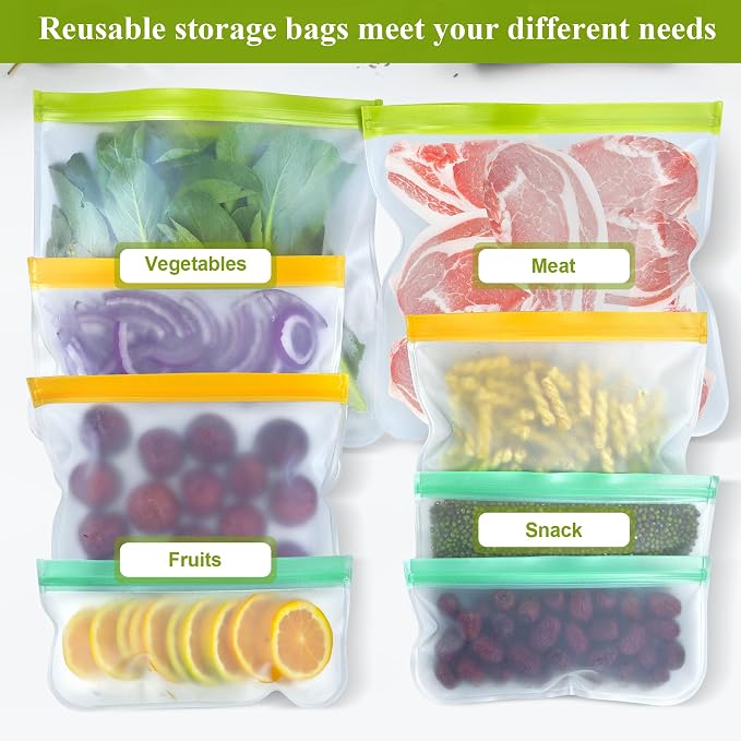 12 Pack Food Storage Containers Silicone Bags-6 Gallon Freezer 3 Sandwich 3 Reusable Snack Bags, Leakproof Silicone Bags for Fruit Storage