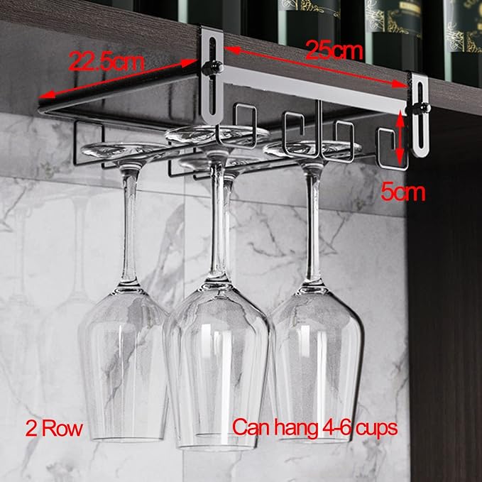 Adjustable Wine Glass Rack Under Cabinet, 2 Row Wine Glass Holder Stemware Rack Hanger, Under Shelf Stemware Storage Rack For Cupboard Kitchen Bar, Can Hang 4-6 Cups (25 * 22.5 * 5cm) (Color : Black)