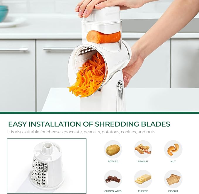 SUSTEAS Rotary Cheese Grater with Handle - Vegetable Shredder with 5 Well-designed Blades & Strong Suction Base,Round Mandoline Slicer & Food Chopper for Kitchen,with Blade Storage Box(White)