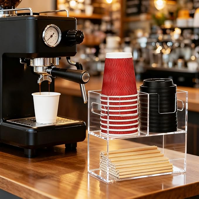 MYITYARD Cup Storage Organizer, Coffee Station Caddy, Clear Acrylic Cup and Lid Holder, Coffee Condiment Bar Accessories for Pods, Sugar, Creamer, Syrup, 3 Compartments, 8.3 x 4.3 x 7.9 Inches