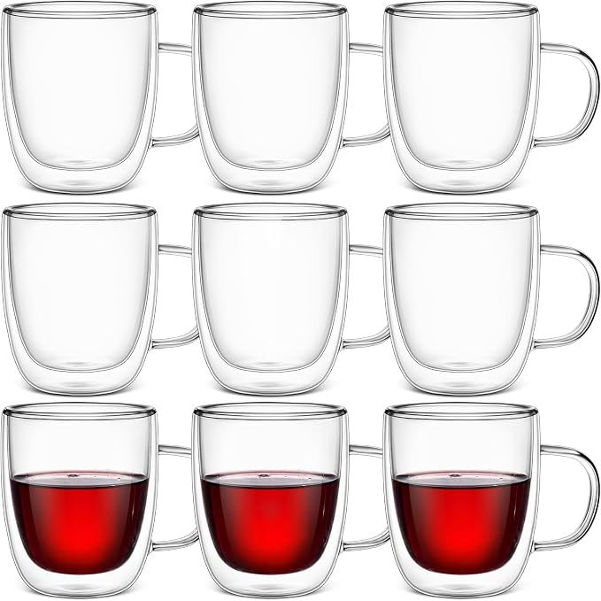 Gerrii Espresso Cups Double Walled Espresso Shot Glass with Handle Cups Insulated Clear Small Shot Glasses for Cappuccino Latte Hot Beverage(5.4 oz,Flat Bottom,12 Pcs)
